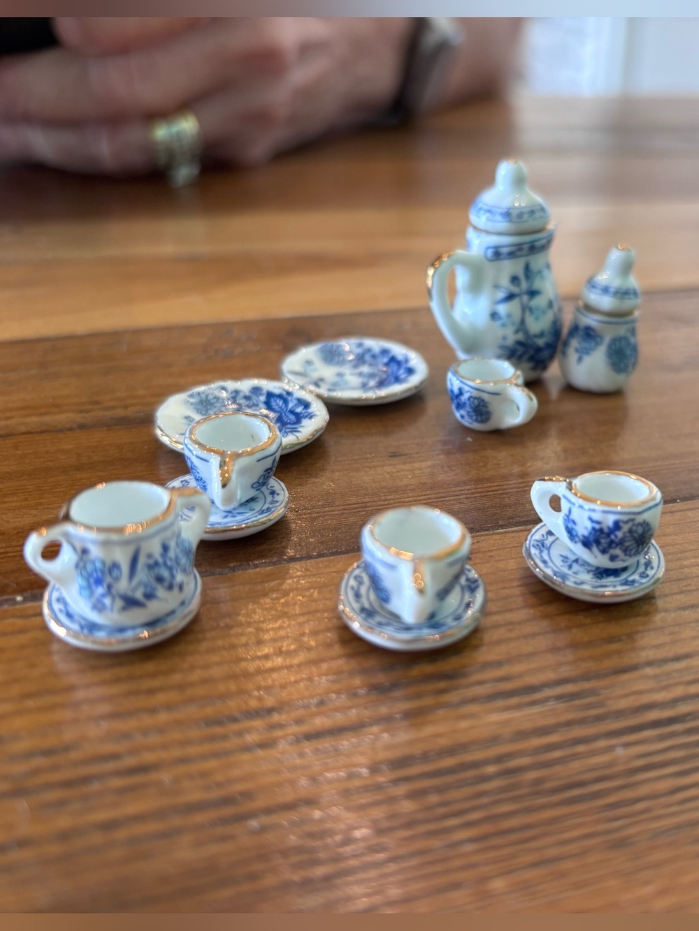 Miniature Blue & White Porcelain Tea Set with Gold Trim